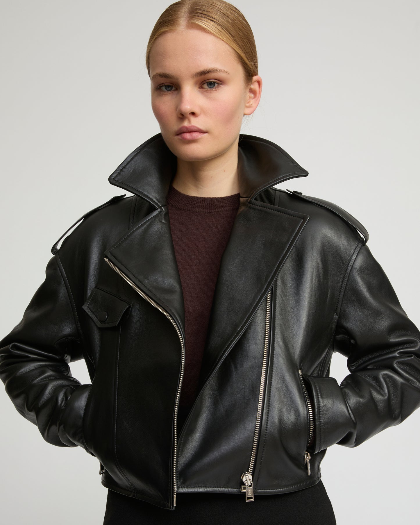 Cropped lambskin biker jacket
