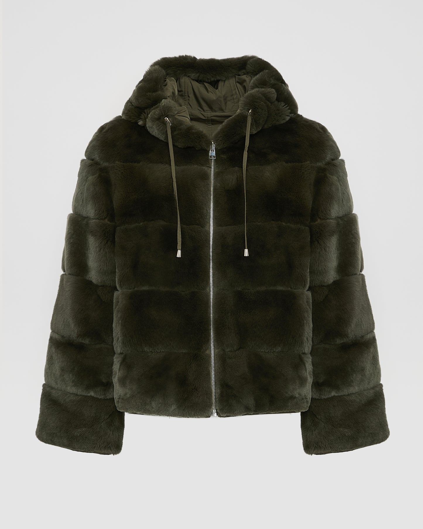 Hooded jacket in technical fabric reversible rex rabbit fur