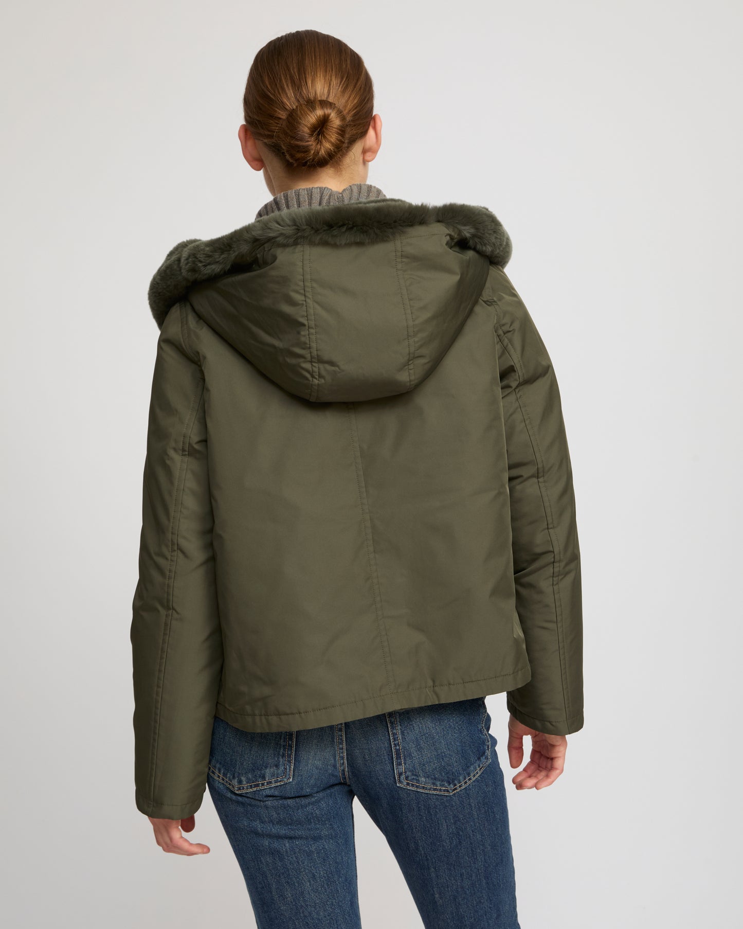 Hooded jacket in technical fabric reversible rex rabbit fur