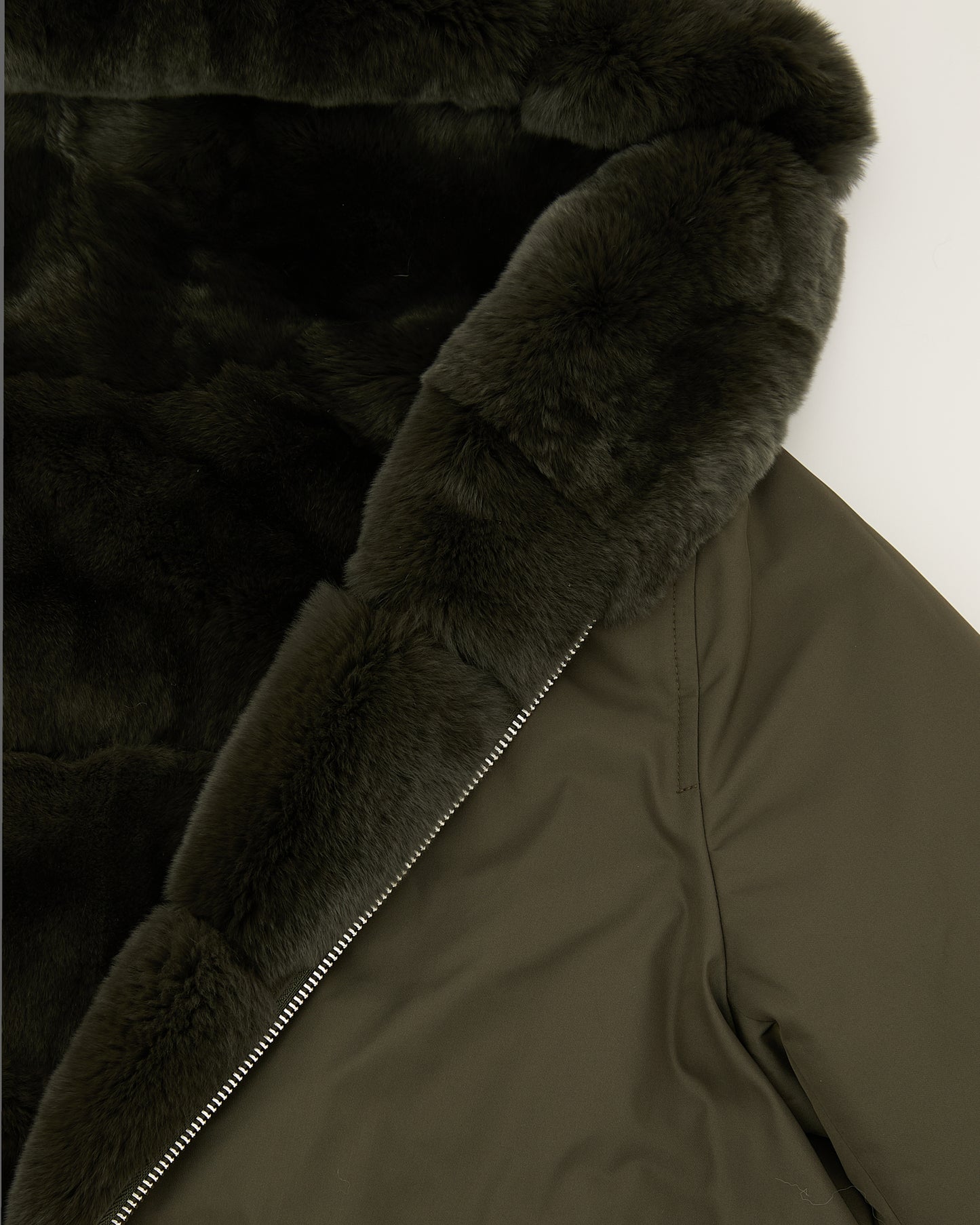 Hooded jacket in technical fabric reversible rex rabbit fur