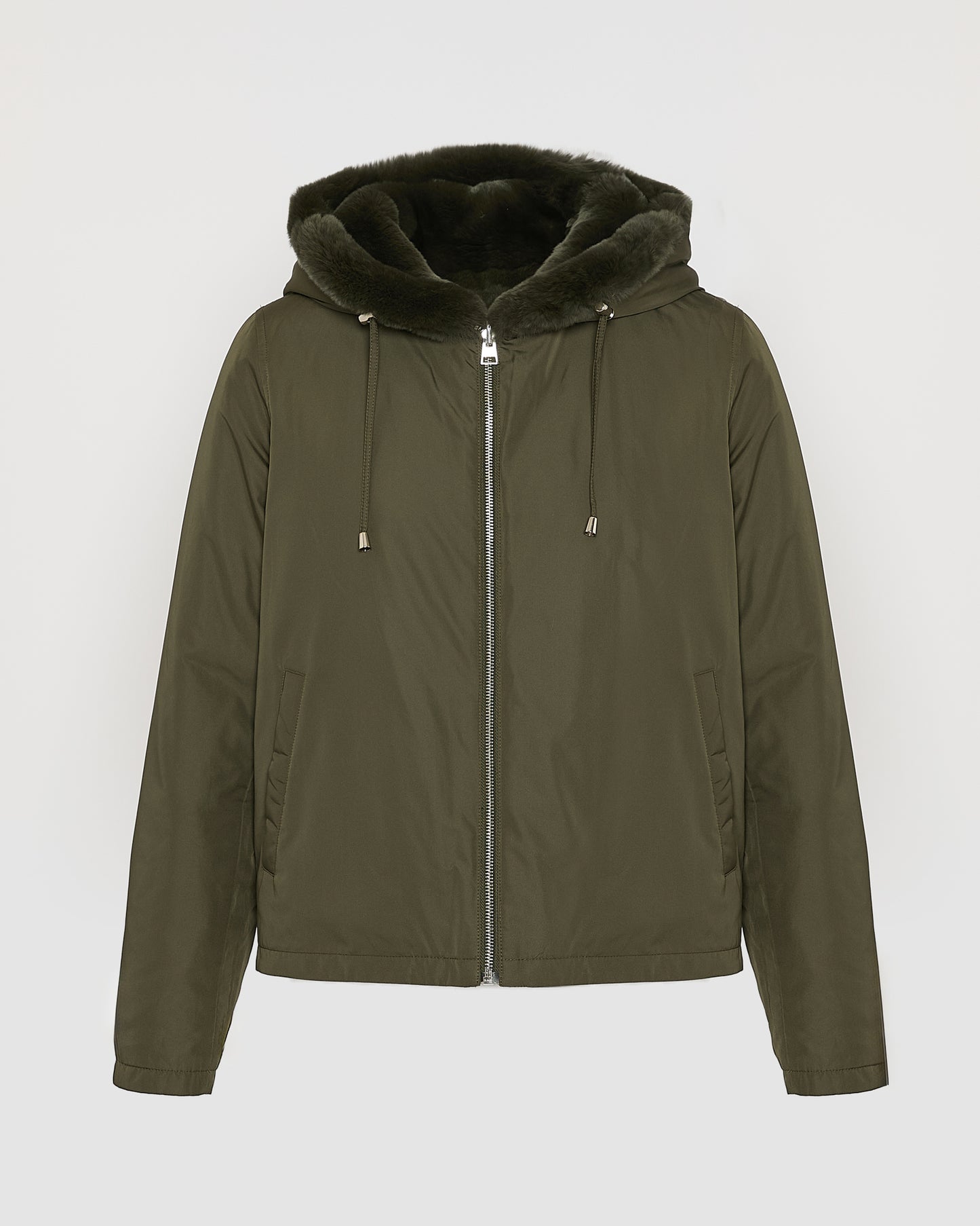 Hooded jacket in technical fabric reversible rex rabbit fur