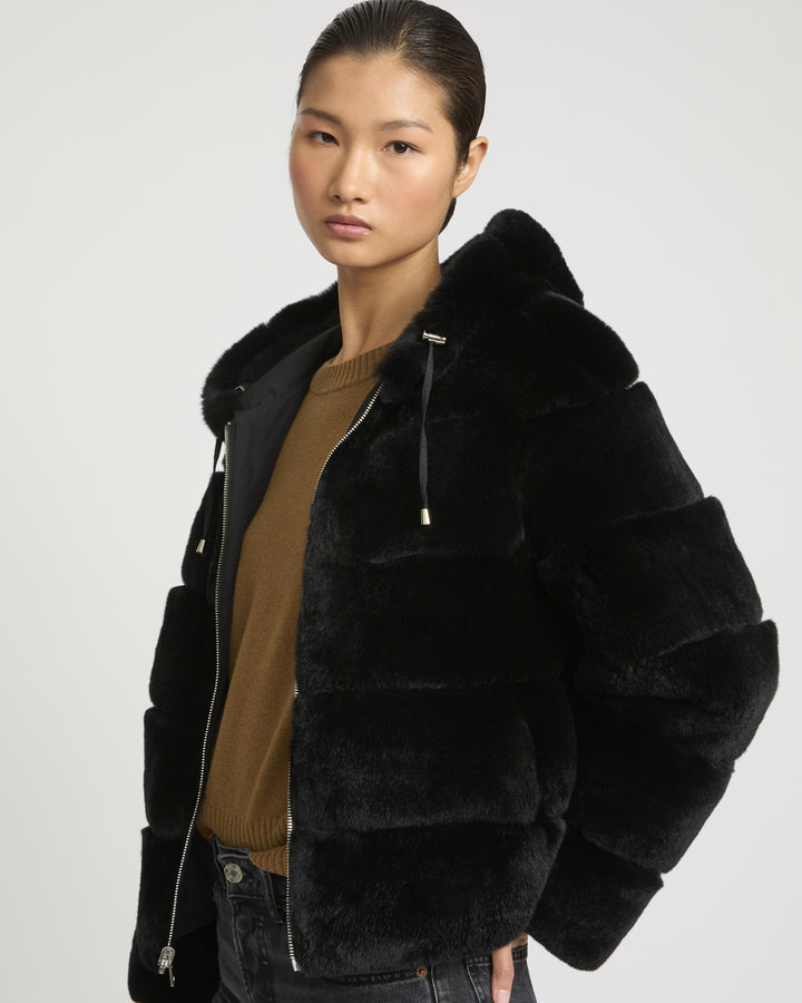 Hooded jacket in technical fabric reversible rex rabbit fur -Yves Salomon
