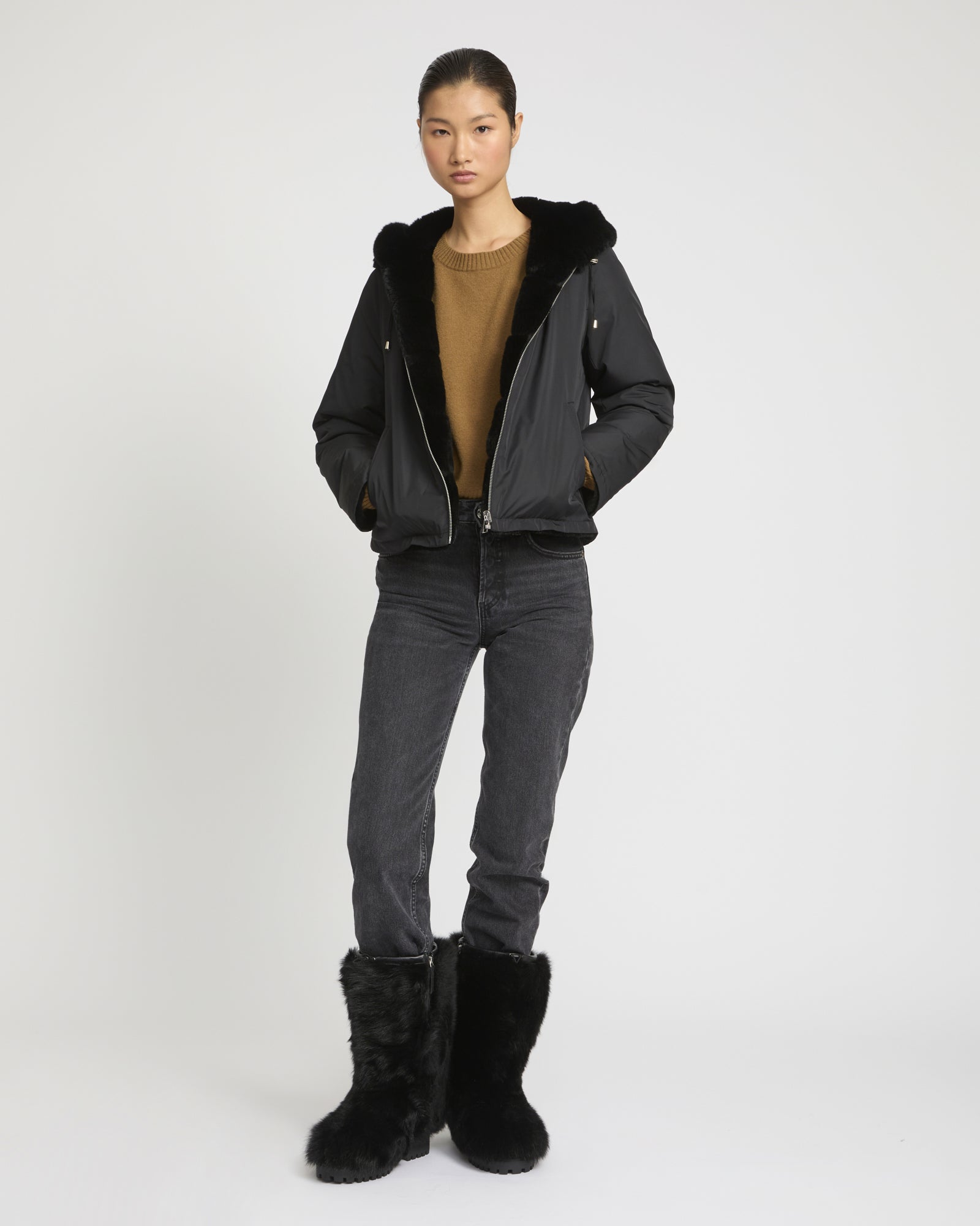 Hooded jacket in technical fabric reversible rex rabbit fur -Yves Salomon