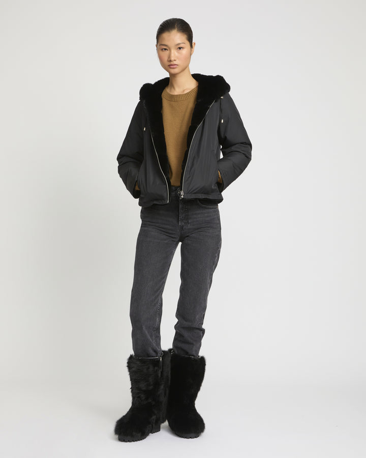 Hooded jacket in technical fabric reversible rex rabbit fur -Yves Salomon