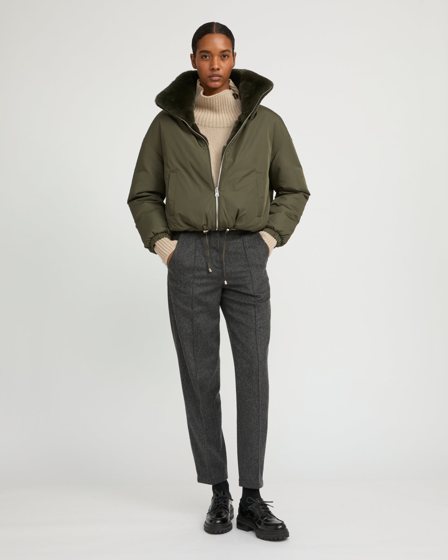 Boxy jacket in technical fabric reversible rex rabbit fur