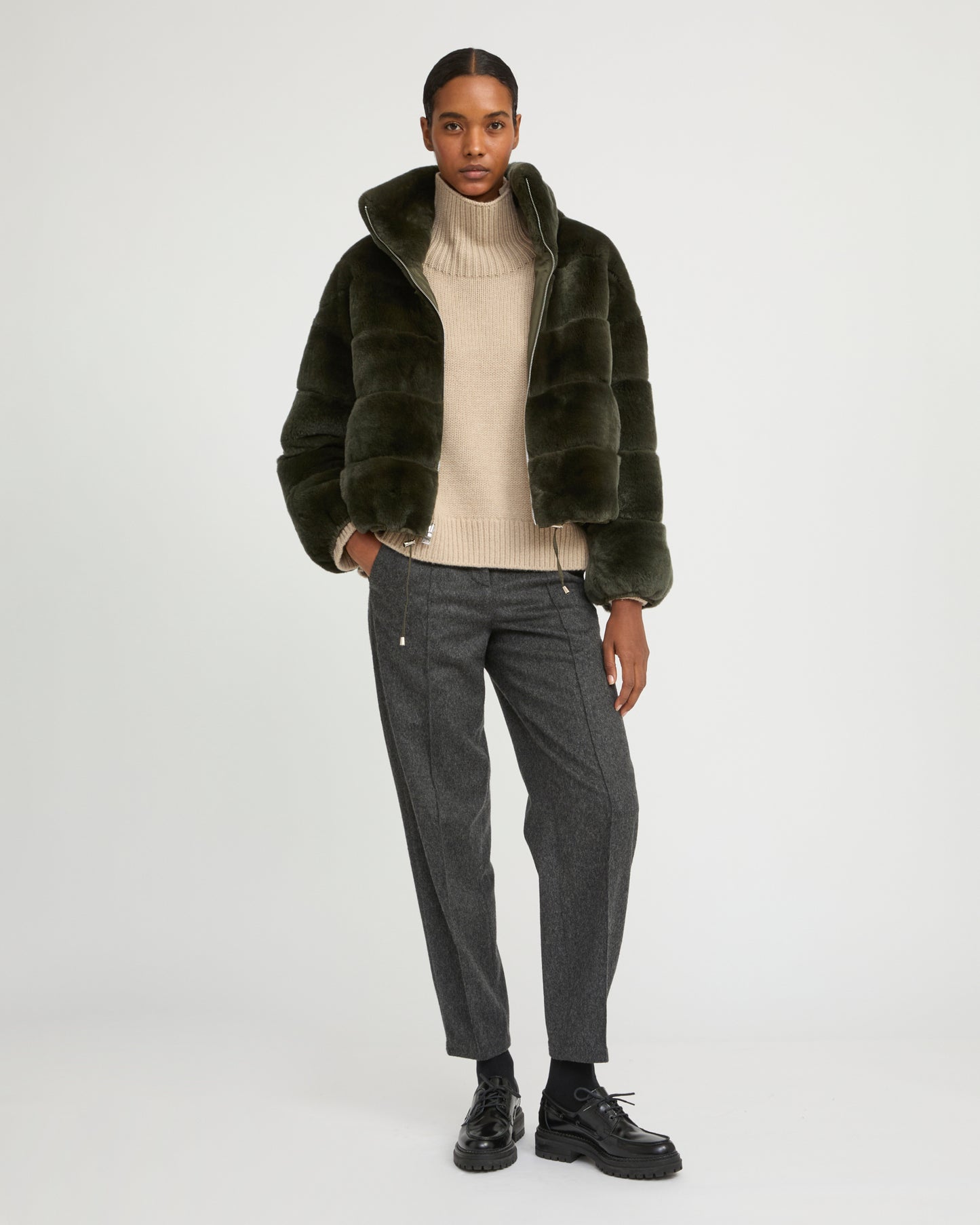 Boxy jacket in technical fabric reversible rex rabbit fur
