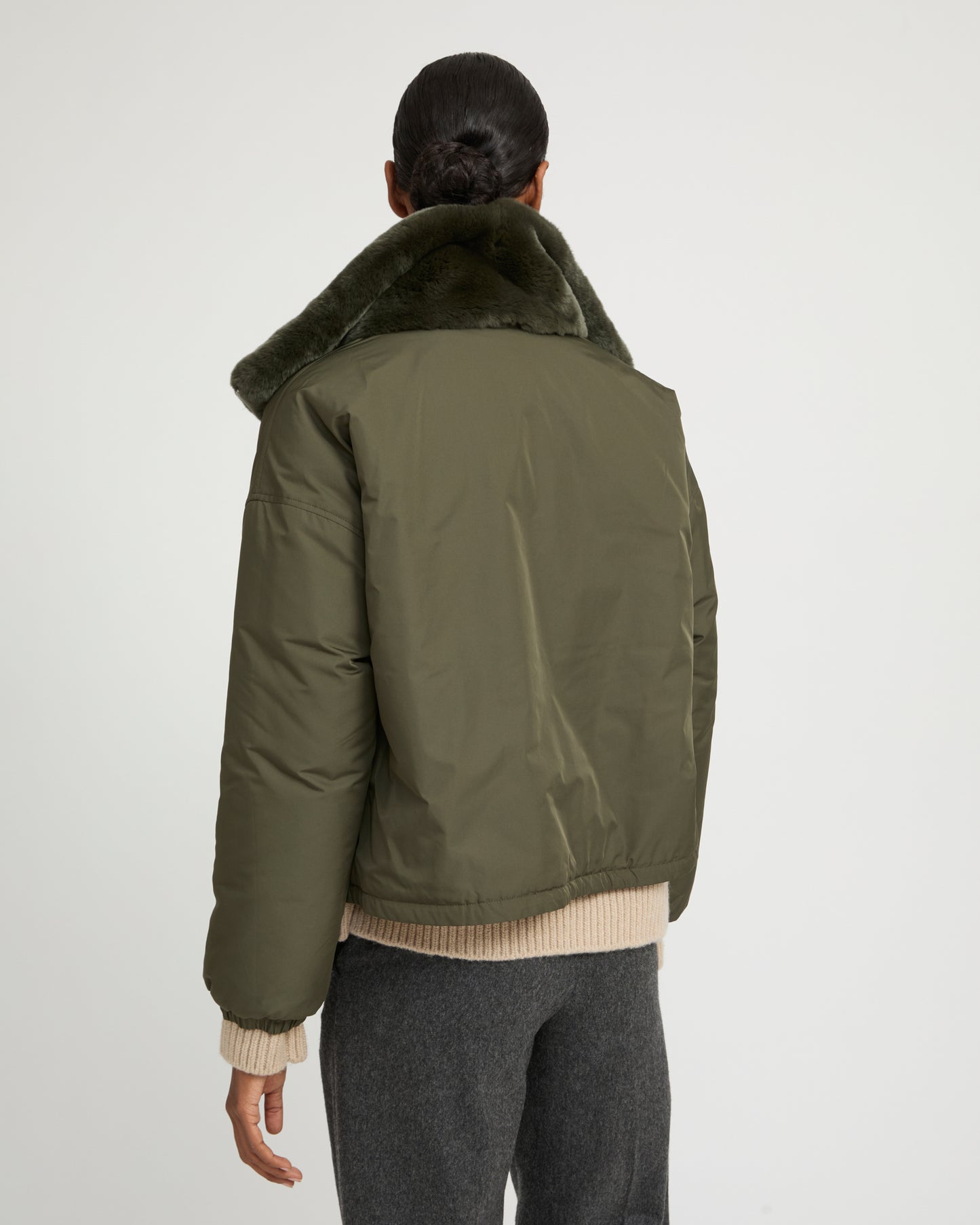 Boxy jacket in technical fabric reversible rex rabbit fur