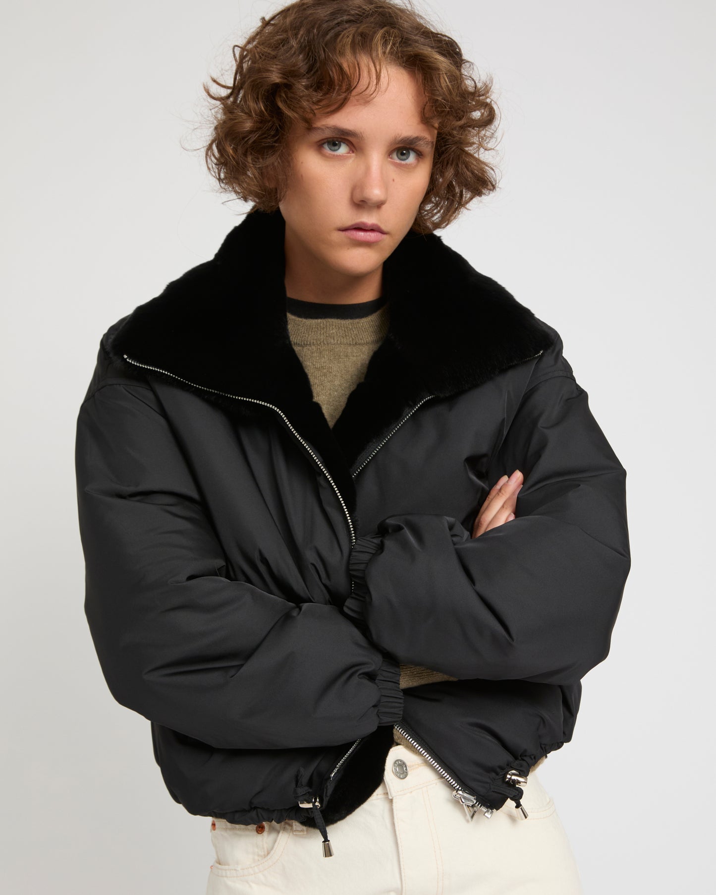Boxy jacket in technical fabric reversible rex rabbit fur -Yves Salomon
