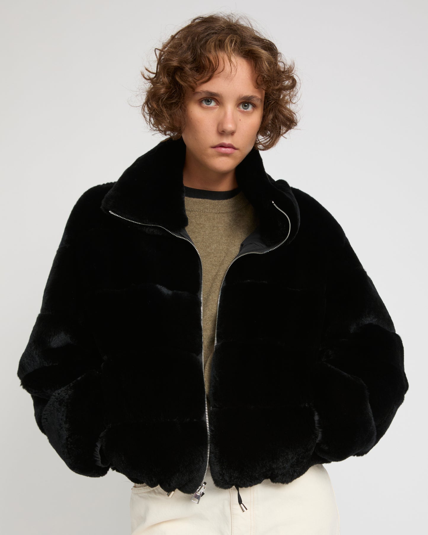Boxy jacket in technical fabric reversible rex rabbit fur -Yves Salomon