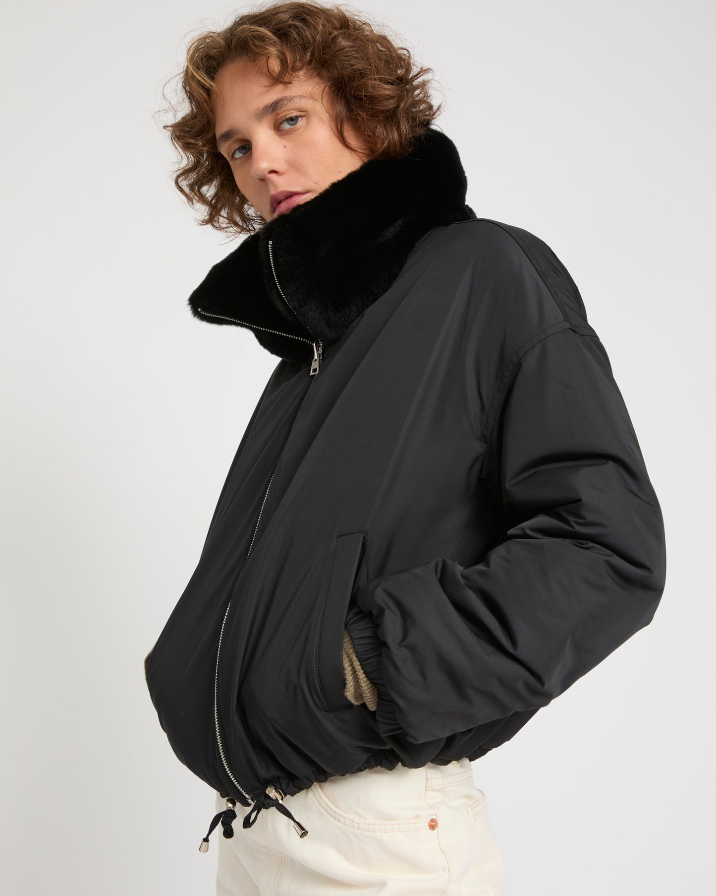 Boxy jacket in technical fabric reversible rex rabbit fur -Yves Salomon