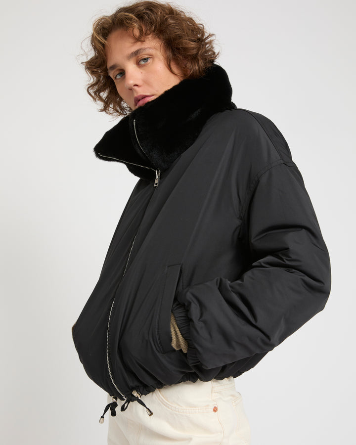 Boxy jacket in technical fabric reversible rex rabbit fur -Yves Salomon
