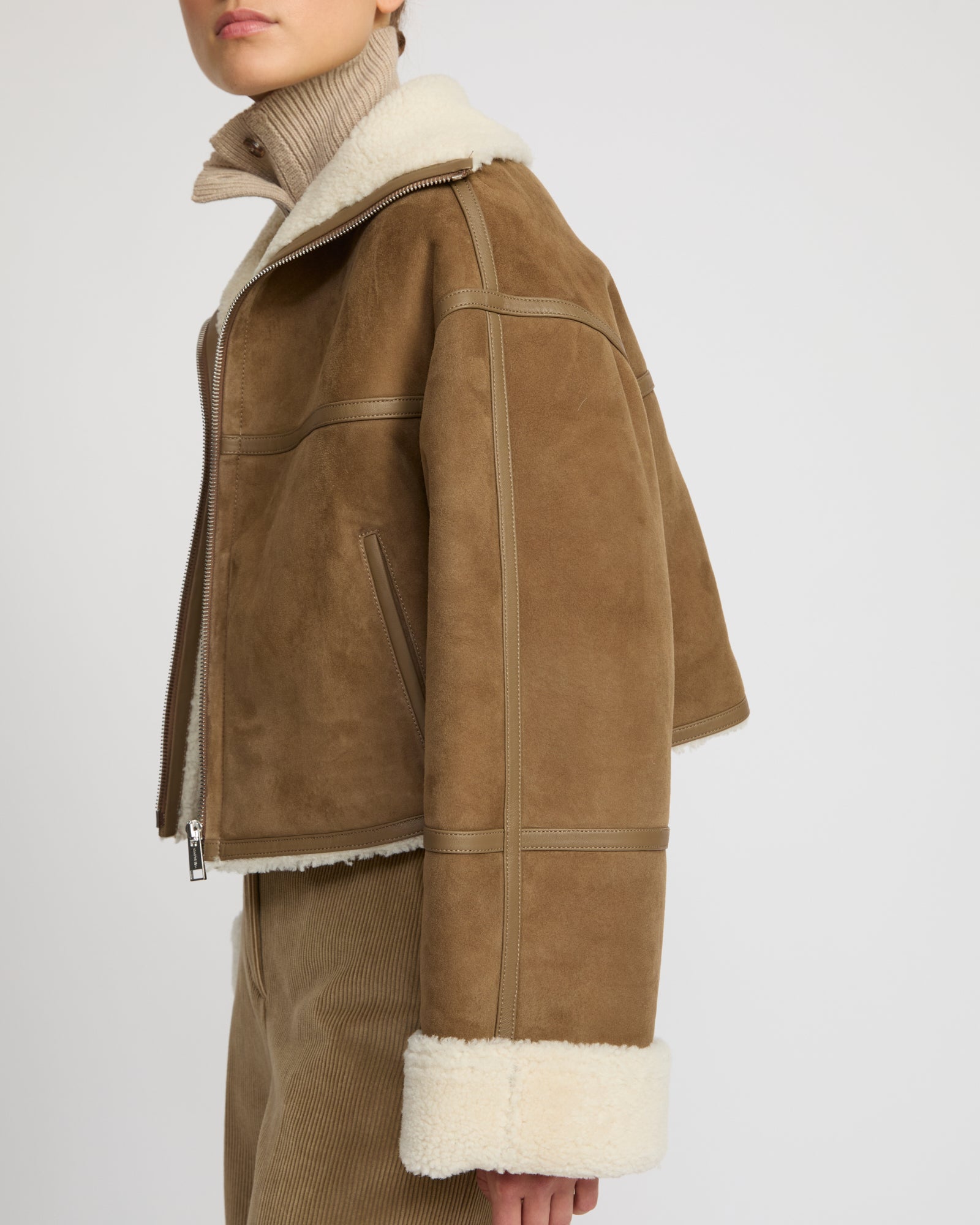 Suede Merino lambskin cropped jacket - camel - Yves Salomon – Yves
