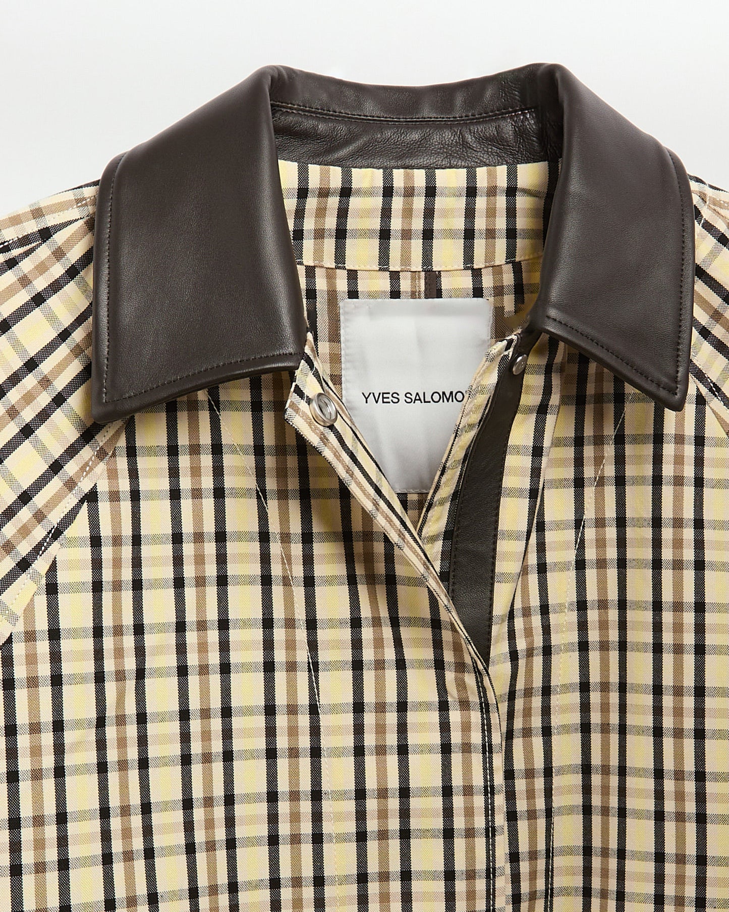 Check pattern jacquard fabric parka with leather collar