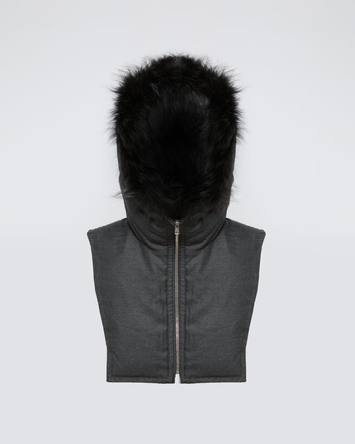 Hooded bib in flannel and fox fur