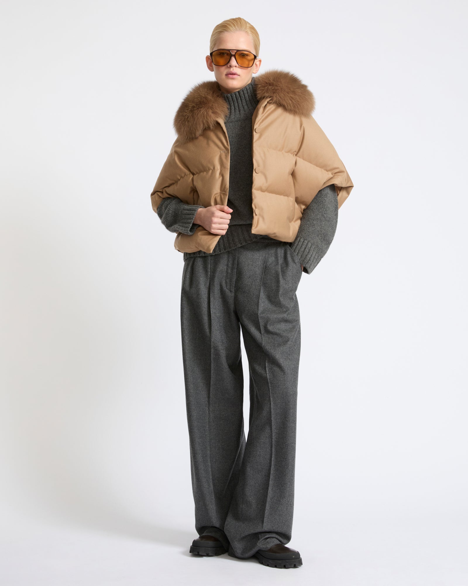 Flannel cape with detachable fox fur collar - Yves Salomon - New Fall Winter Collection