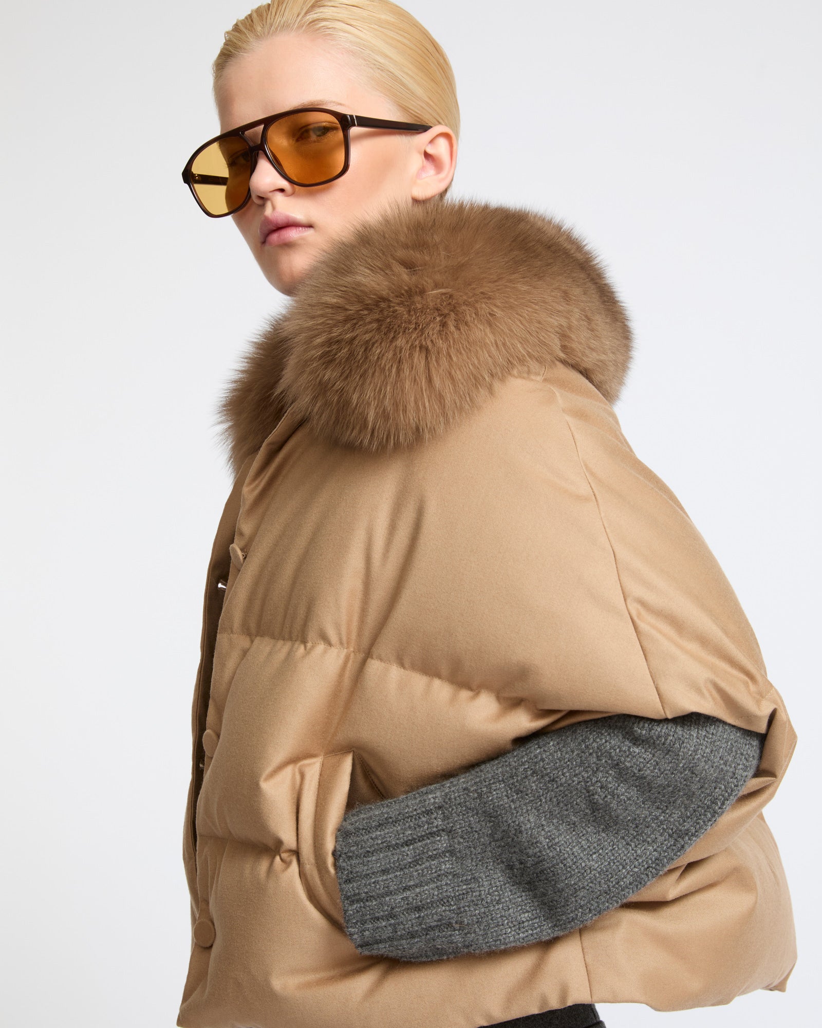 Flannel cape with detachable fox fur collar - Yves Salomon - New Fall Winter Collection