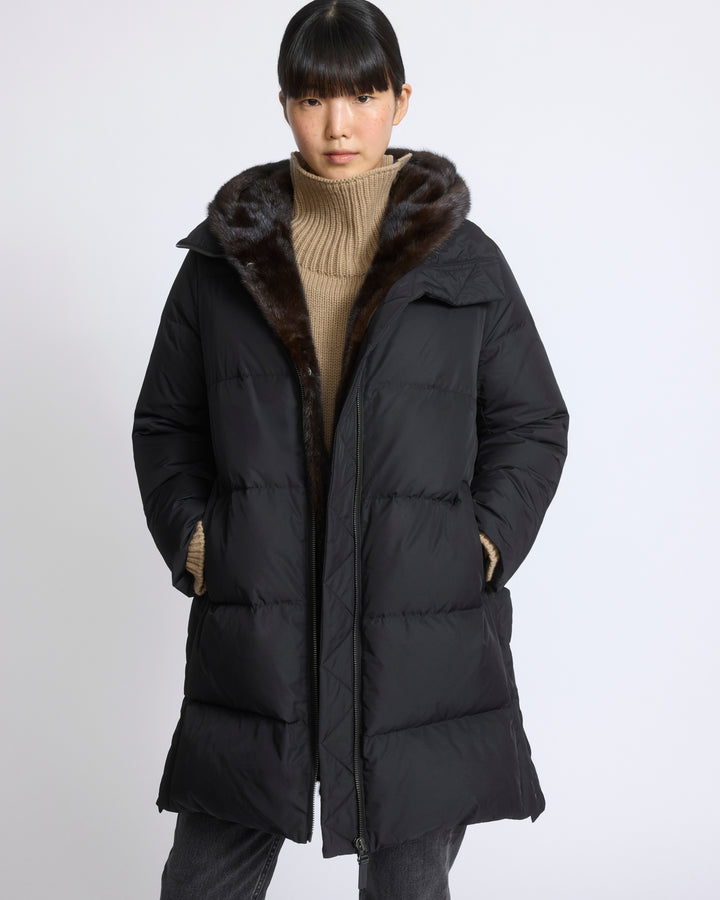 Long down jacket in water-repellent technical fabric with mink fur bib panel - Yves Salomon - New Fall/Winter Collection
