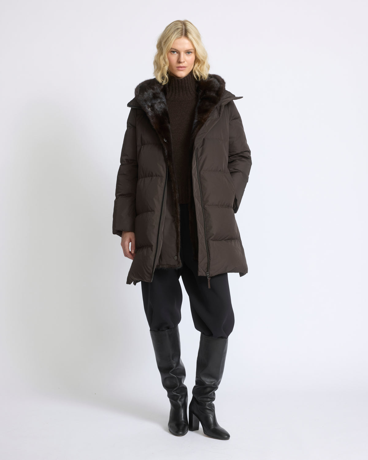 Long down jacket in water-repellent technical fabric with mink fur bib panel - Yves Salomon - New Fall/Winter Collection