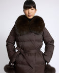 Long belted down jacket in waterproof technical fabric with fox fur trim