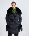Long belted down jacket in waterproof technical fabric with fox fur trim