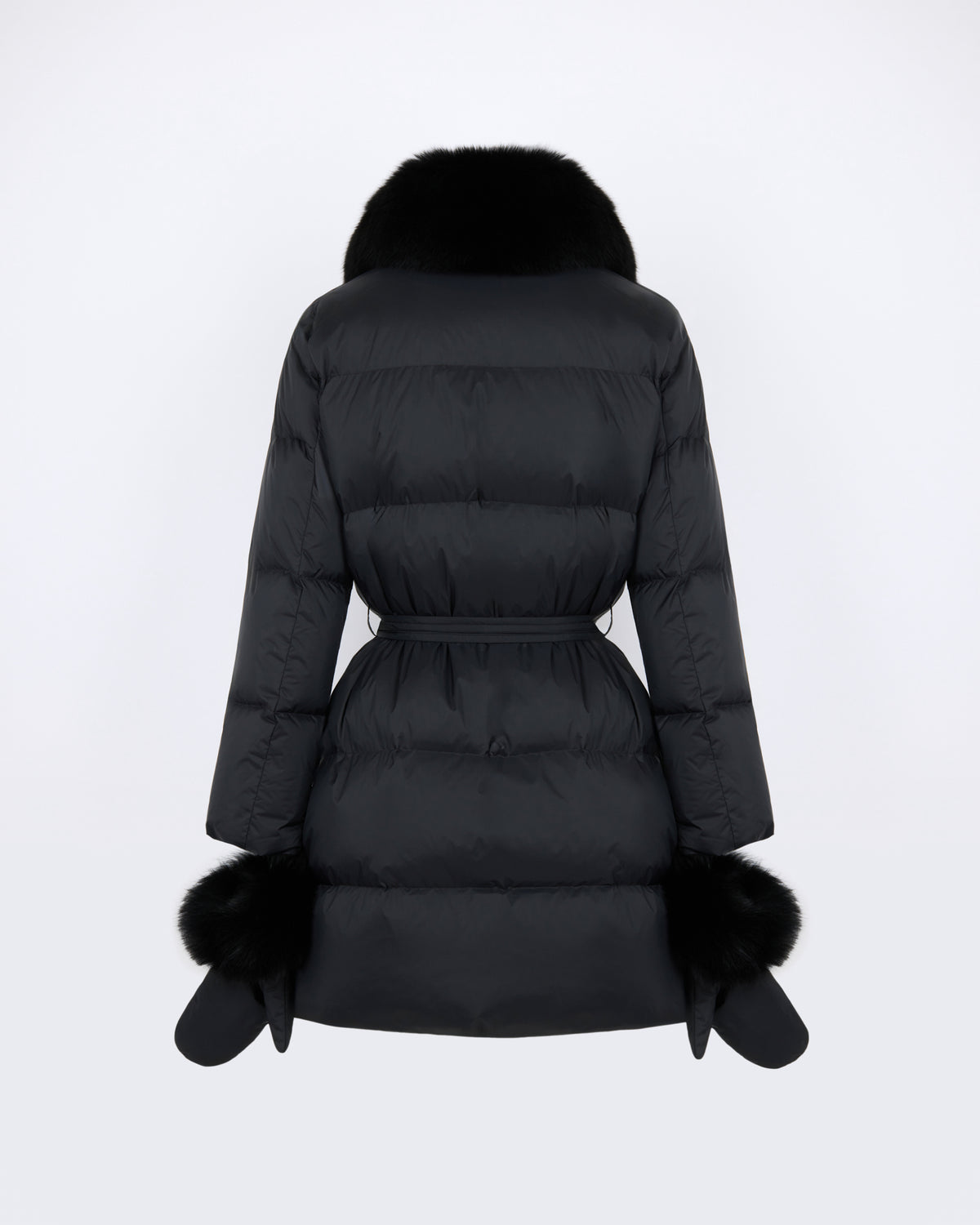 Long belted down jacket in waterproof technical fabric with fox fur trim - Yves Salomon - New Fall/Winter Collection