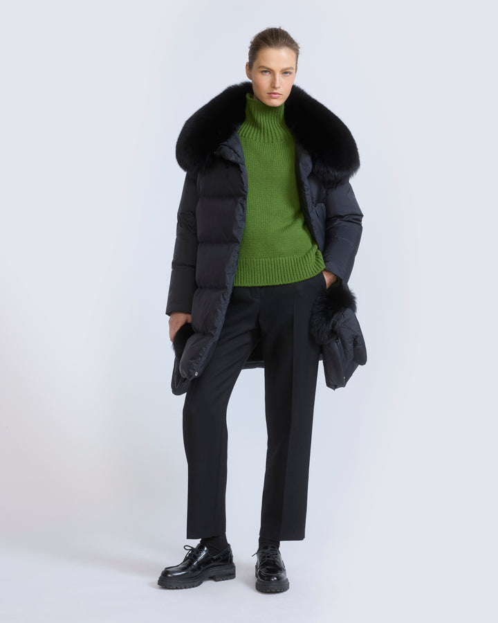 Long belted down jacket in waterproof technical fabric with fox fur trim - Yves Salomon - New Fall/Winter Collection