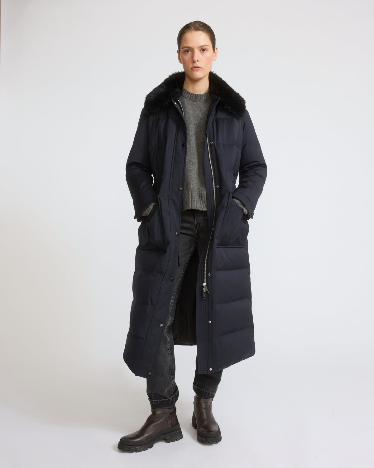 Long down jacket in waterproof wool-blend technical fabric with lambskin shearling trim - Yves Salomon - New Fall/Winter Collection