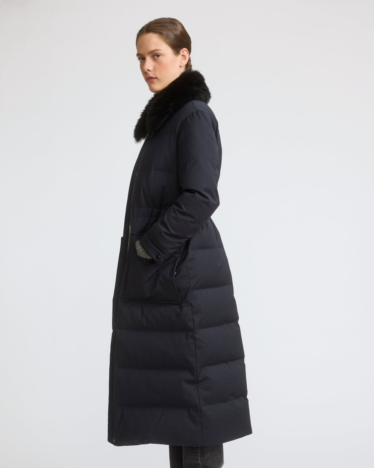 Long down jacket in waterproof wool-blend technical fabric with lambskin shearling trim - Yves Salomon - New Fall/Winter Collection