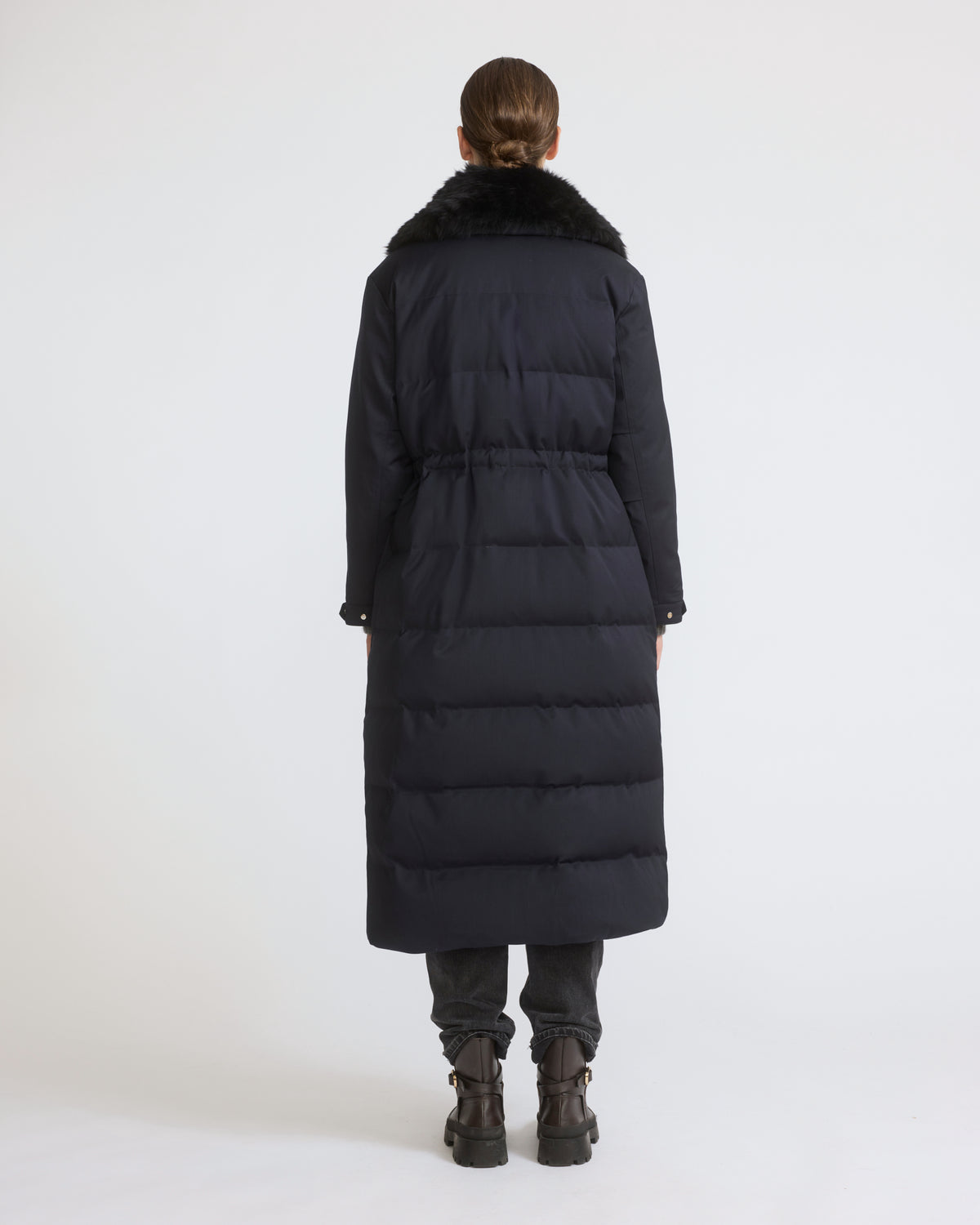Long down jacket in waterproof wool-blend technical fabric with lambskin shearling trim - Yves Salomon - New Fall/Winter Collection