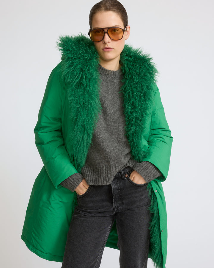 Long smooth hooded down jacket with long curly lamb lining