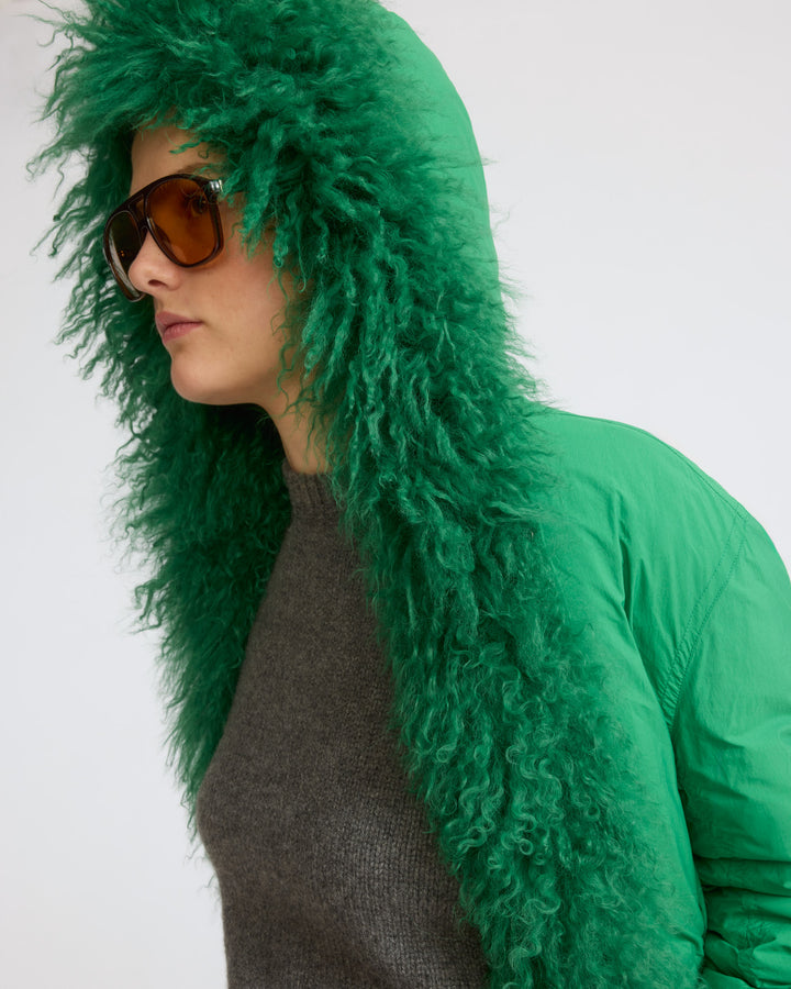 Long smooth hooded down jacket with long curly lamb lining