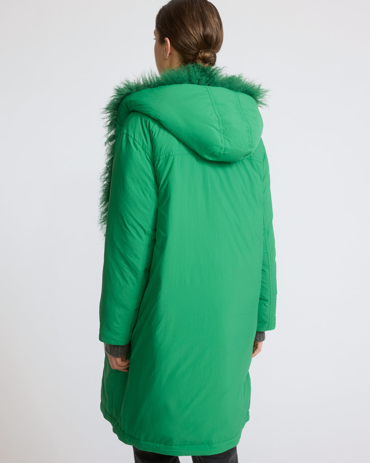 Long smooth hooded down jacket with long curly lamb lining