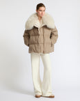 Down jacket in Loro Piana cashmere fabric with long curly lambskin collar