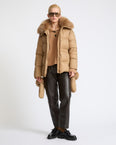 Down jacket in waterproof technical fabric with mittens and fox fur trim