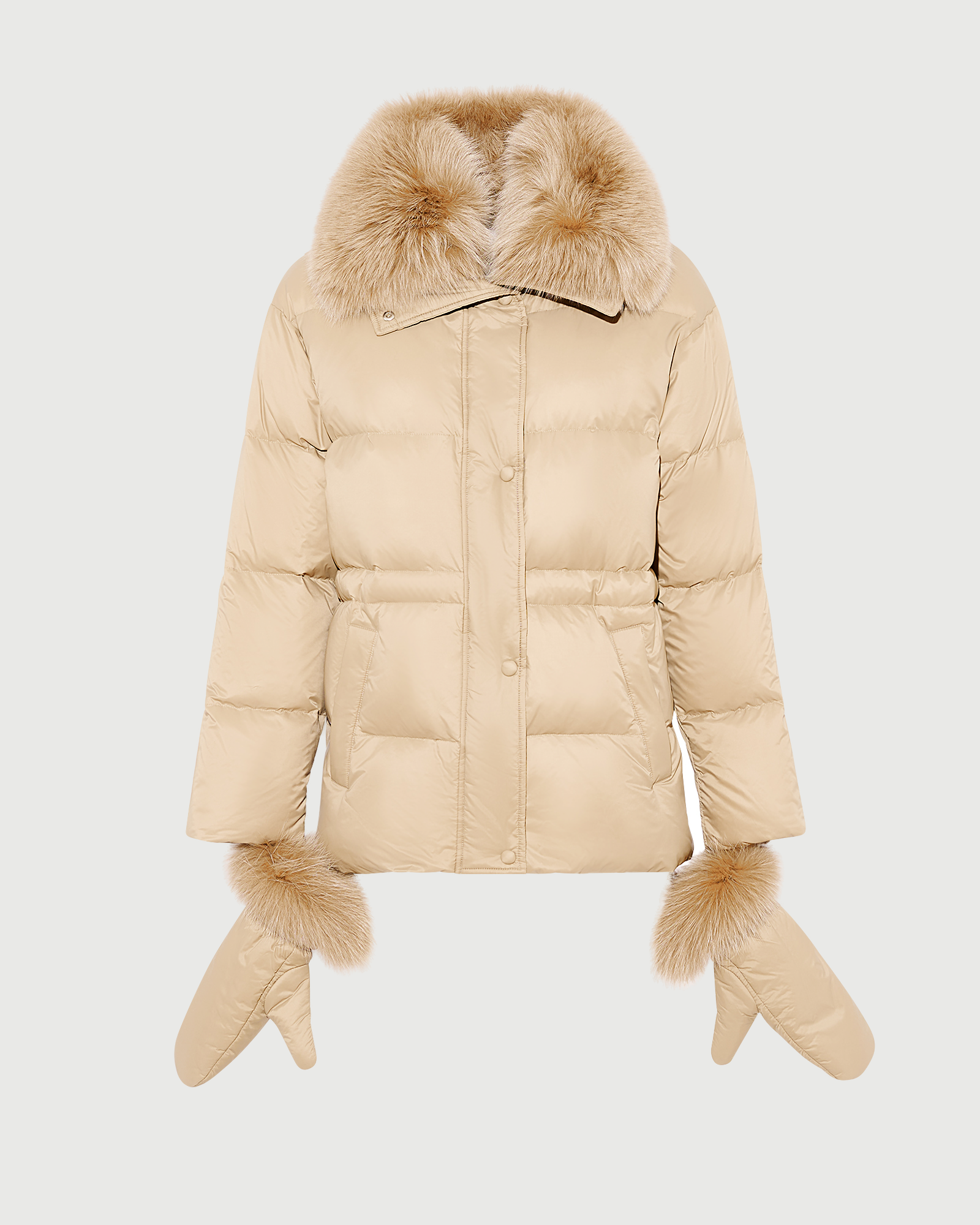 Down jacket in waterproof technical fabric with mittens and fox fur trim - Yves Salomon - New Fall Winter Collection
