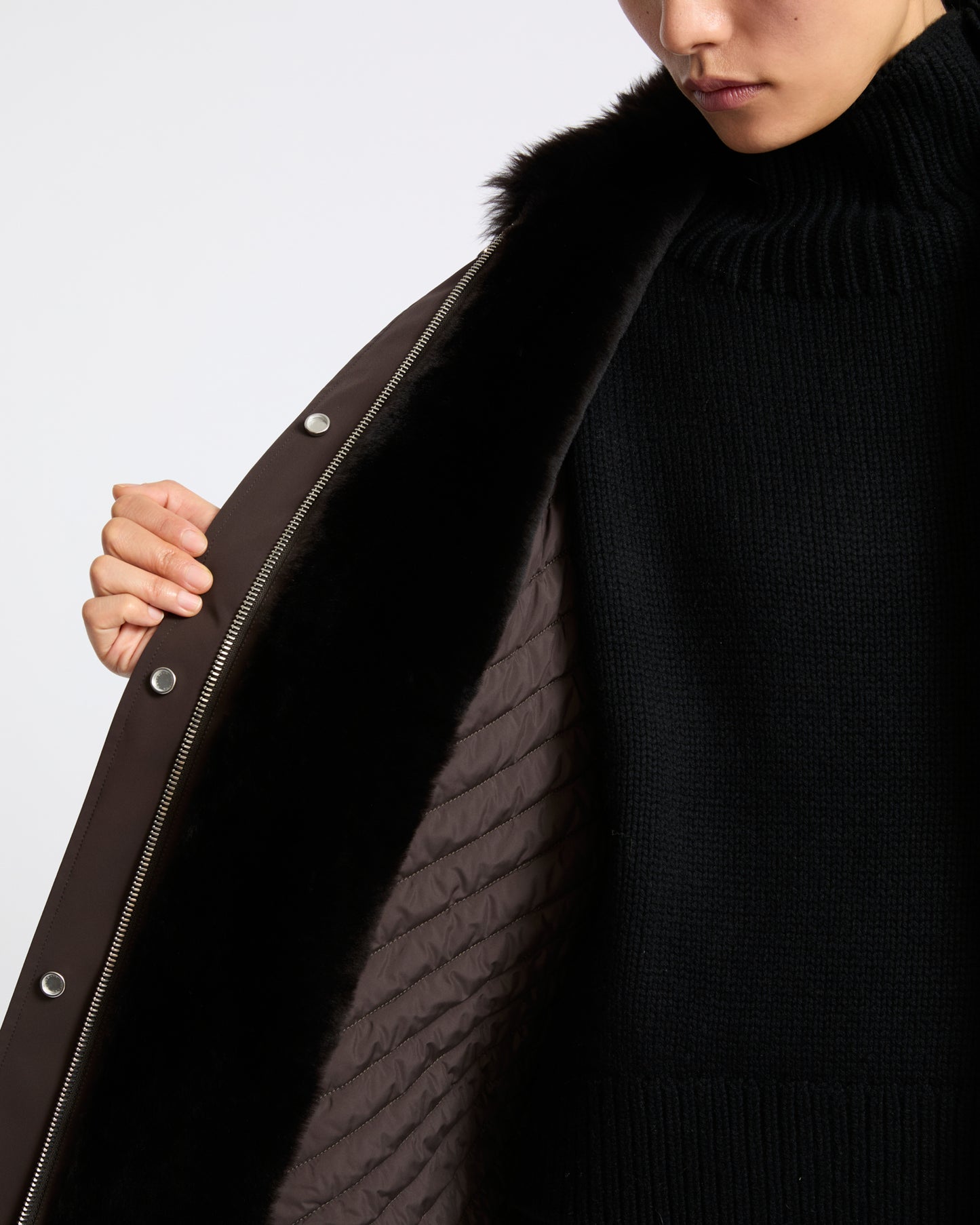 Shirt-collar parka in waterproof technical fabric with lambskin shearling - Yves Salomon - New Fall Winter Collection