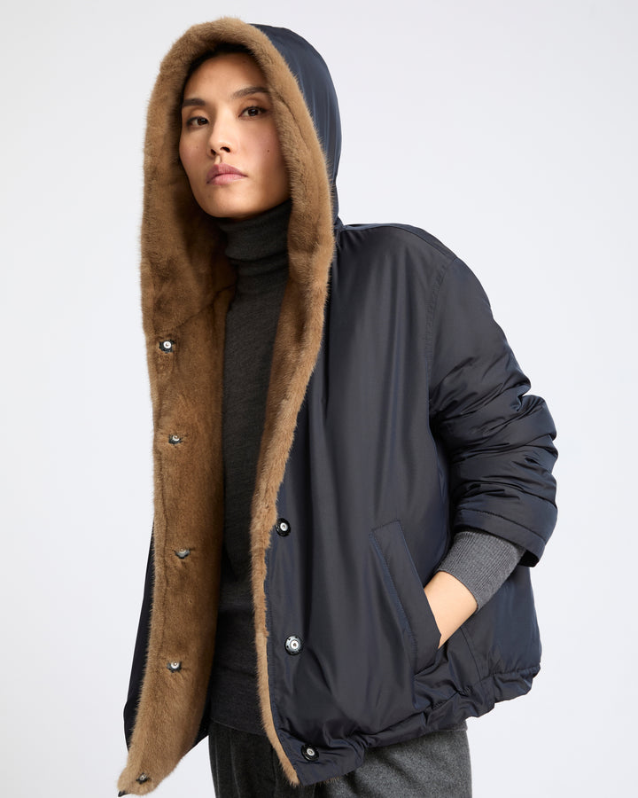 Short smooth hooded down jacket in water-repellent technical fabric with mink fur lining - Yves Salomon - New Fall Winter Collection