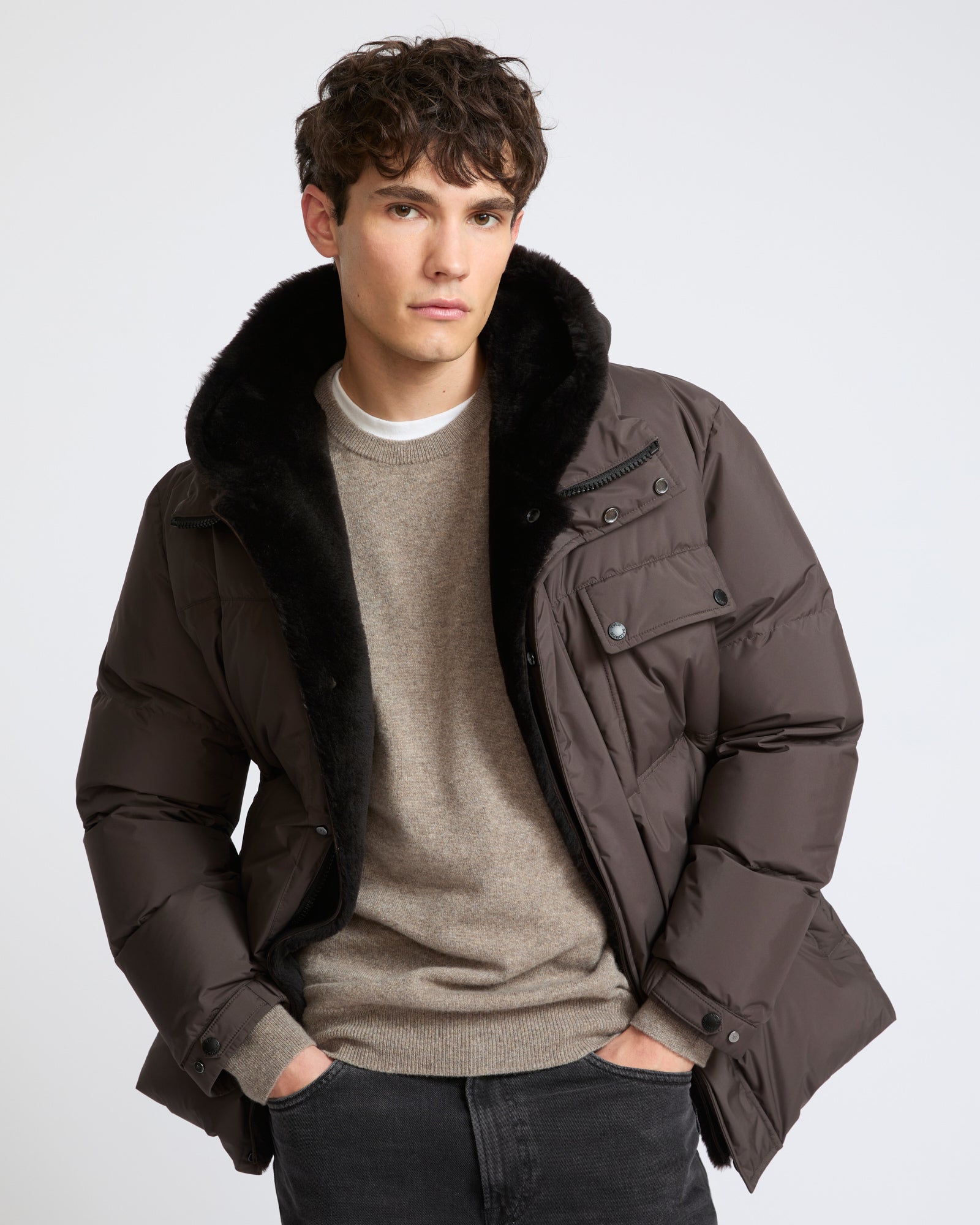 Down jacket in technical fabric with lambskin shearling bib panel - Yves Salomon - New Fall Winter Collection