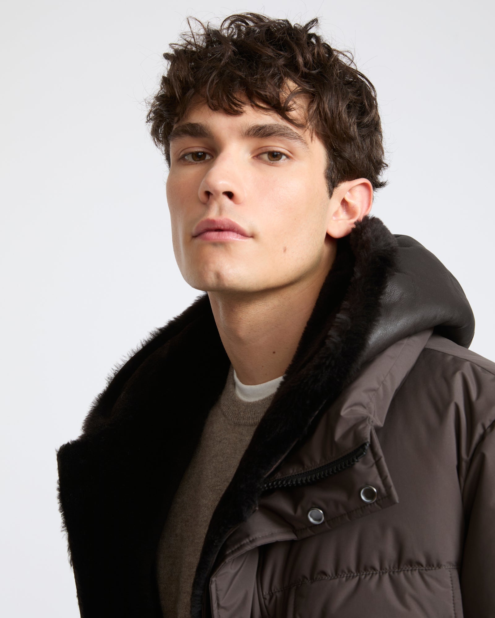 Down jacket in technical fabric with lambskin shearling bib panel - Yves Salomon - New Fall Winter Collection
