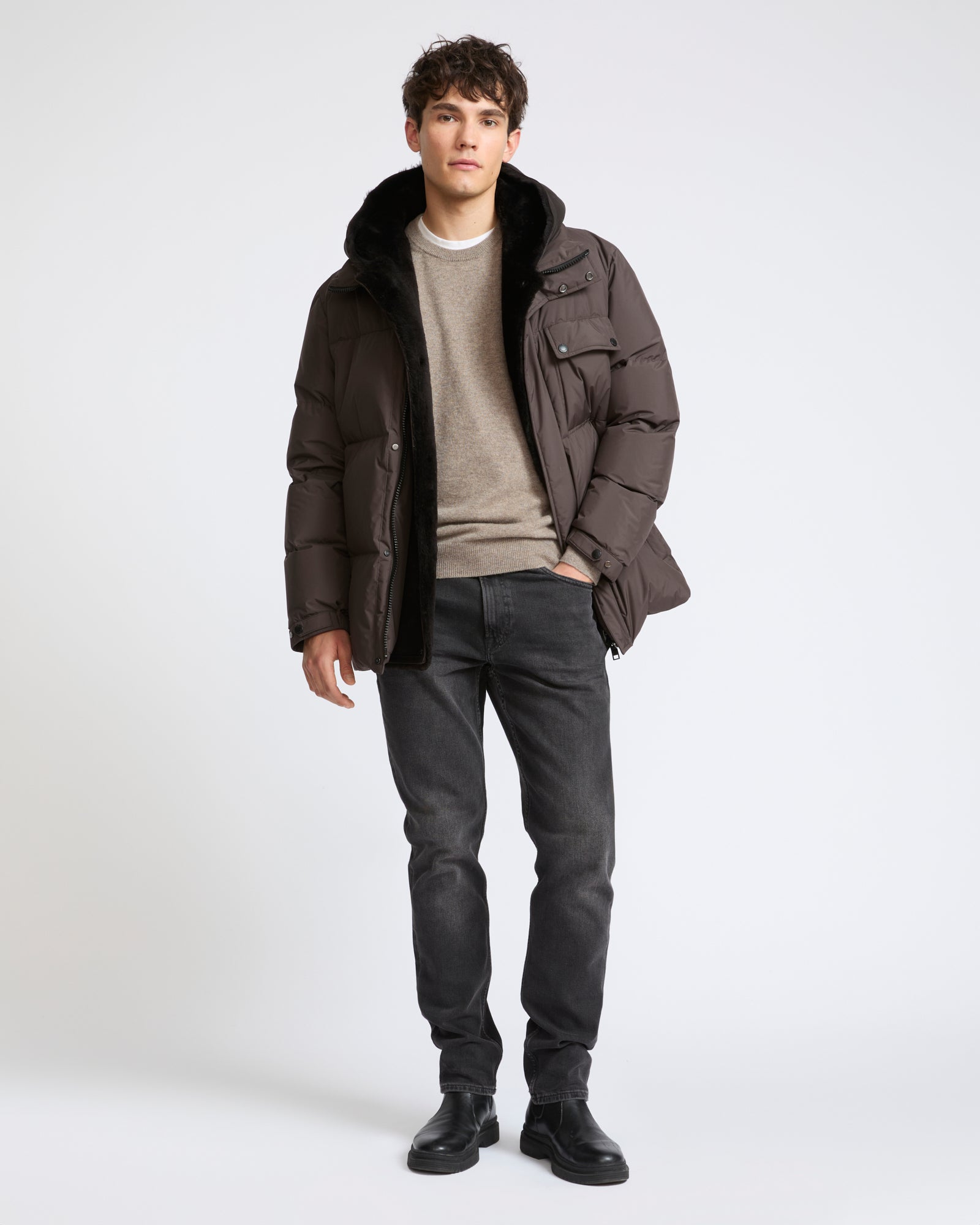 Down jacket in technical fabric with lambskin shearling bib panel - Yves Salomon - New Fall Winter Collection