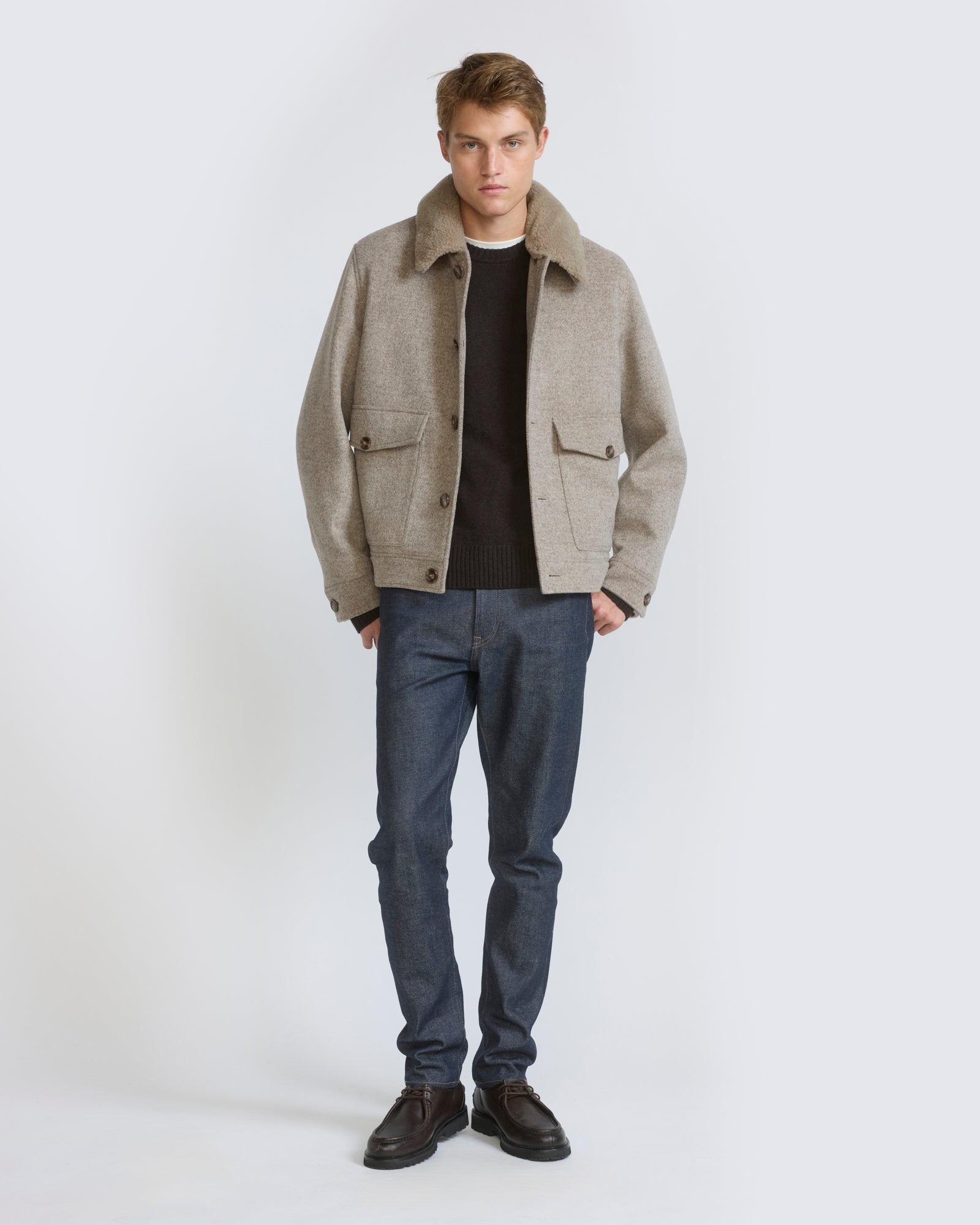 Chevron wool jacket with lambskin shearling trim -Yves Salomon - Fall winter collection