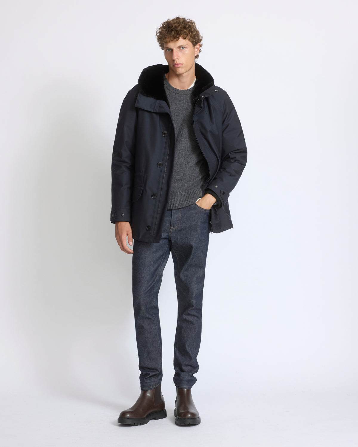Short parka in waterproof wool-blend technical fabric with long-haired mink fur trim - Yves Salomon - New Fall/Winter Collection