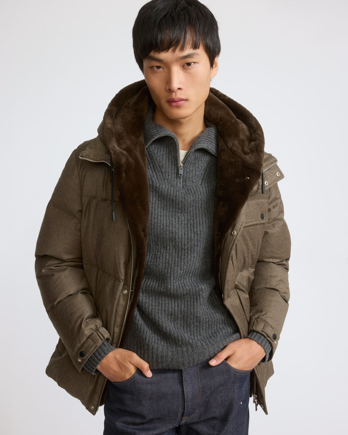 Down jacket in Loro Piana waterproof technical fabric with mink fur bib panel - Yves Salomon - New Fall/Winter Collection