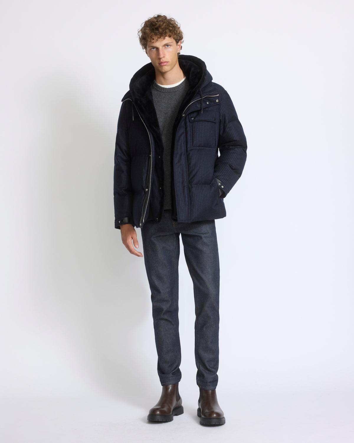 Short down jacket in Loro Piana waterproof jacquard fabric with mink fur bib panel - Yves Salomon - New Fall/Winter Collection