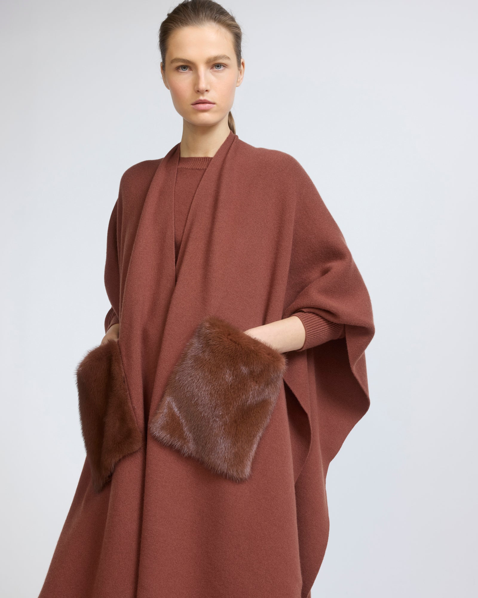 Merino & Mink Fur Poncho in Burnt Orange | Yves Salomon – Yves