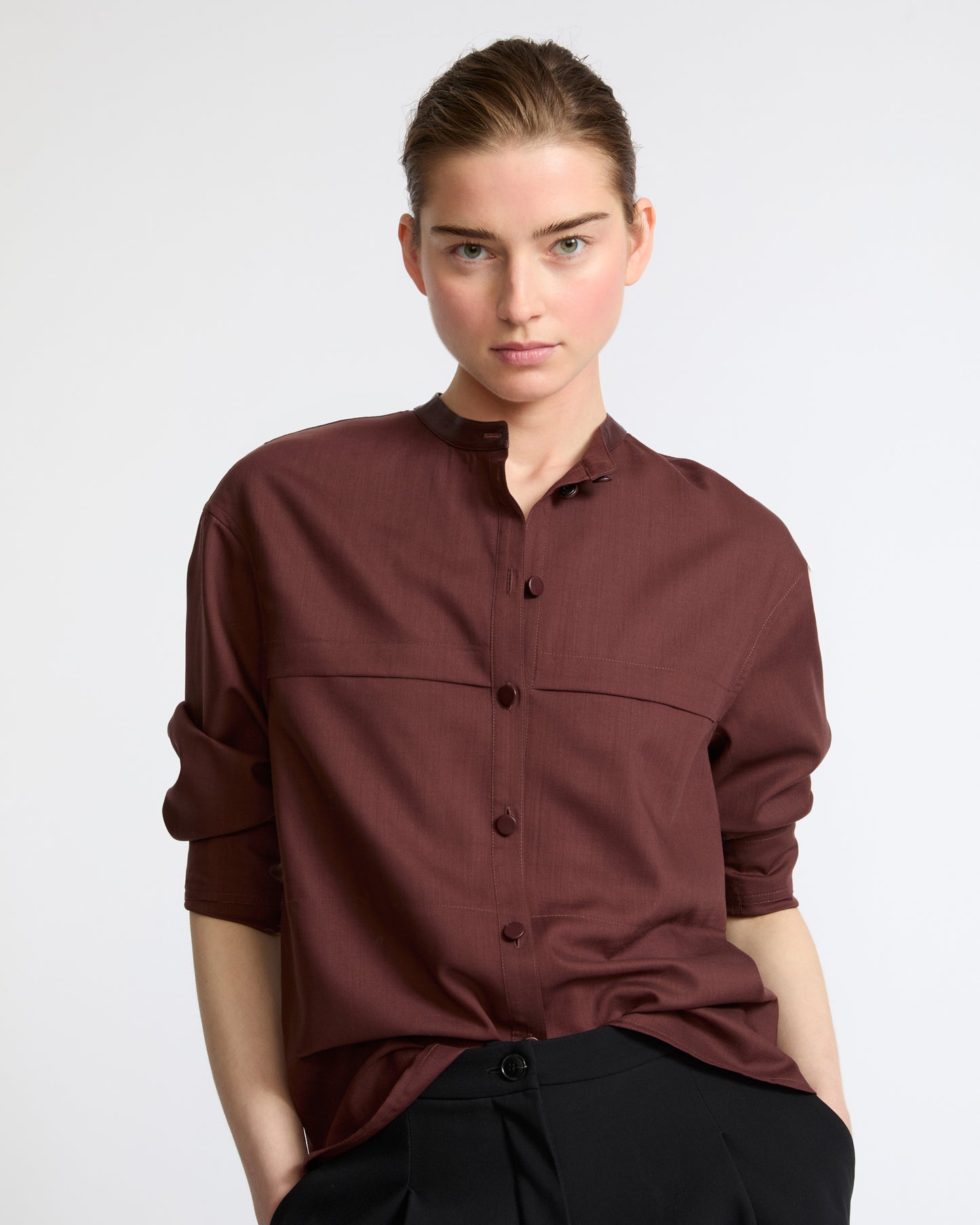 Wool voile shirt with leather details - Yves Salomon - New Fall Winter Collection
