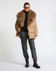 Long double-breasted down jacket in Loro Piana fabric with detachable fox fur collar
