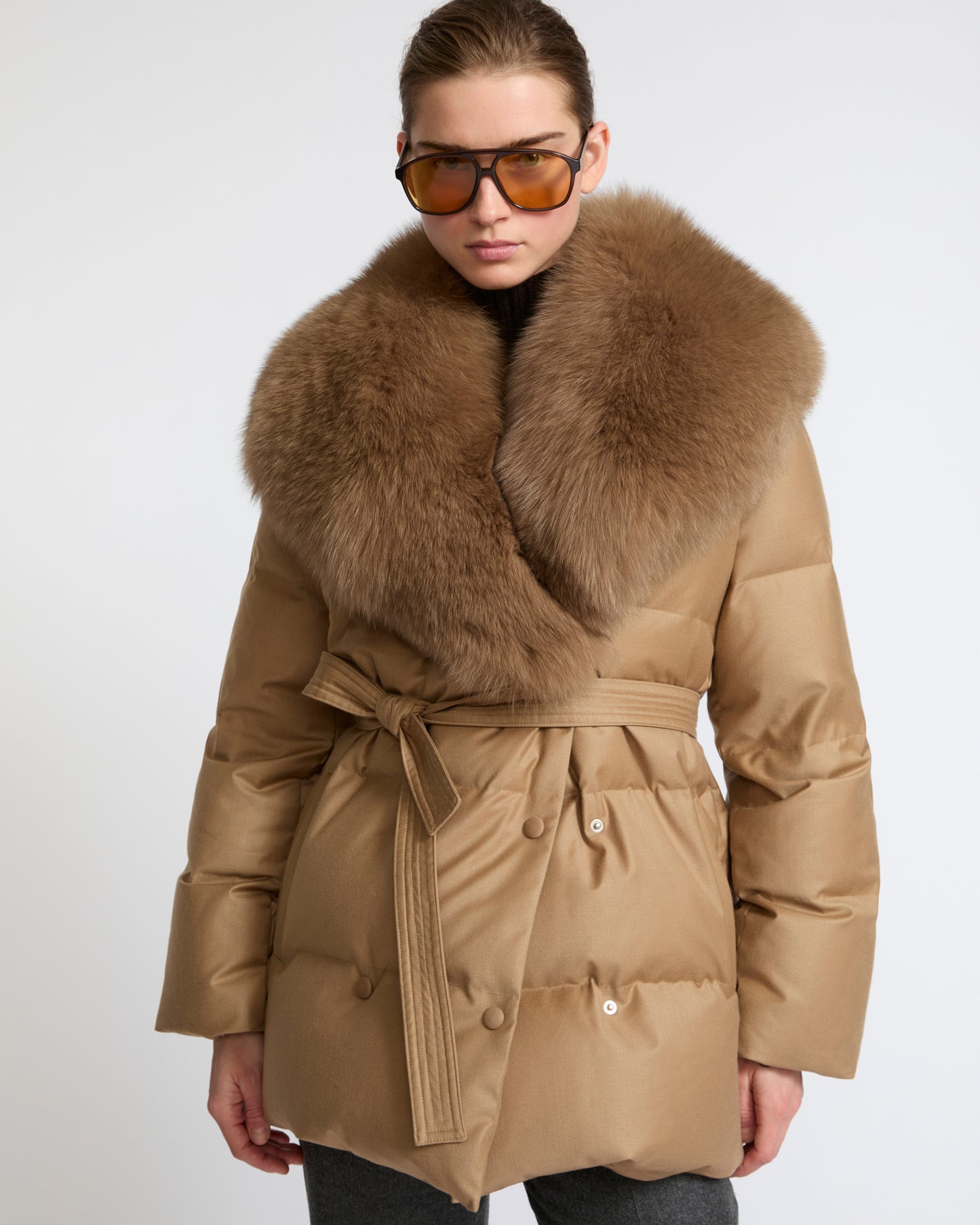 Long double-breasted down jacket in Loro Piana fabric with detachable fox fur collar - Yves Salomon - New Fall Winter Collection