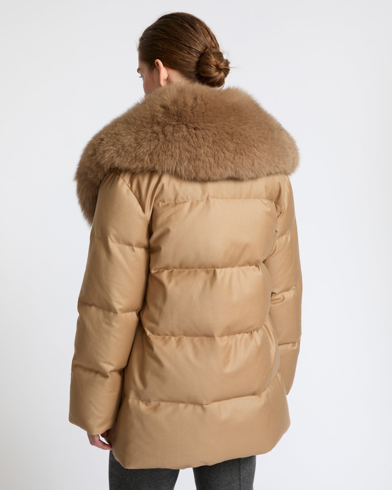 Long double-breasted down jacket in Loro Piana fabric with detachable fox fur collar - Yves Salomon - New Fall Winter Collection