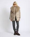 Long double-breasted down jacket in fabric with detachable fox fur collar